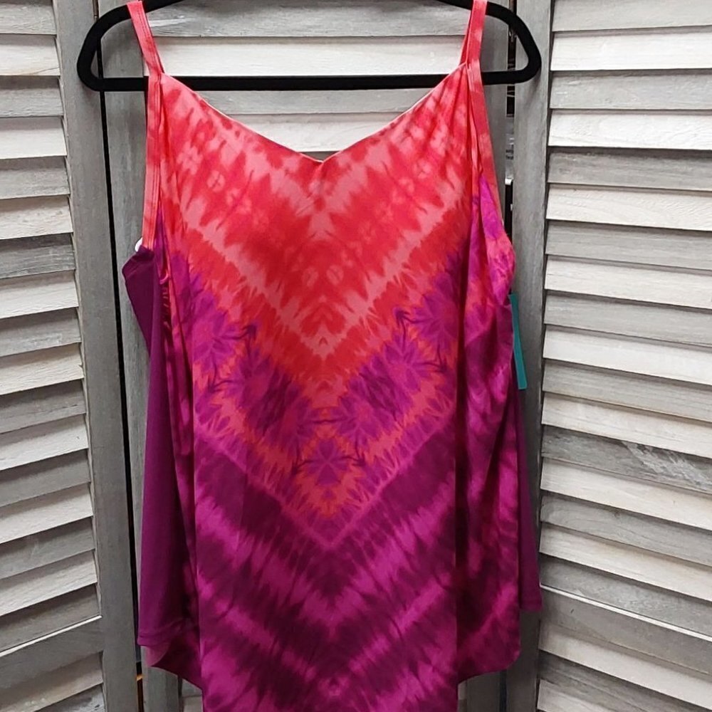 Aqua Green Women’s UPF 50 V‑Neck Angled Tankini Top (Plus Size) | 0X